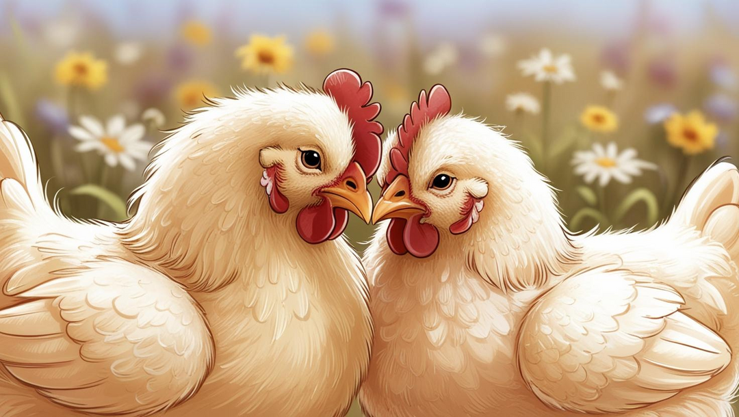 two chickens snuggling together with flowers in the background