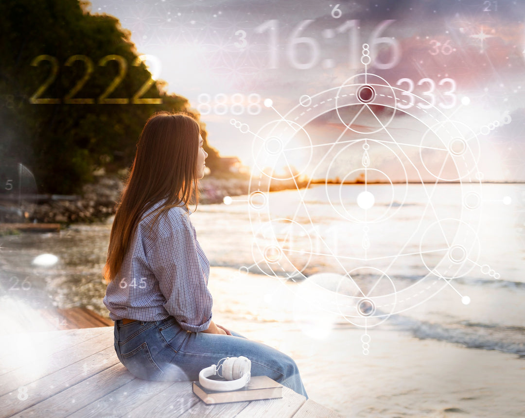 Woman sitting in dreamscape with thought overlays.