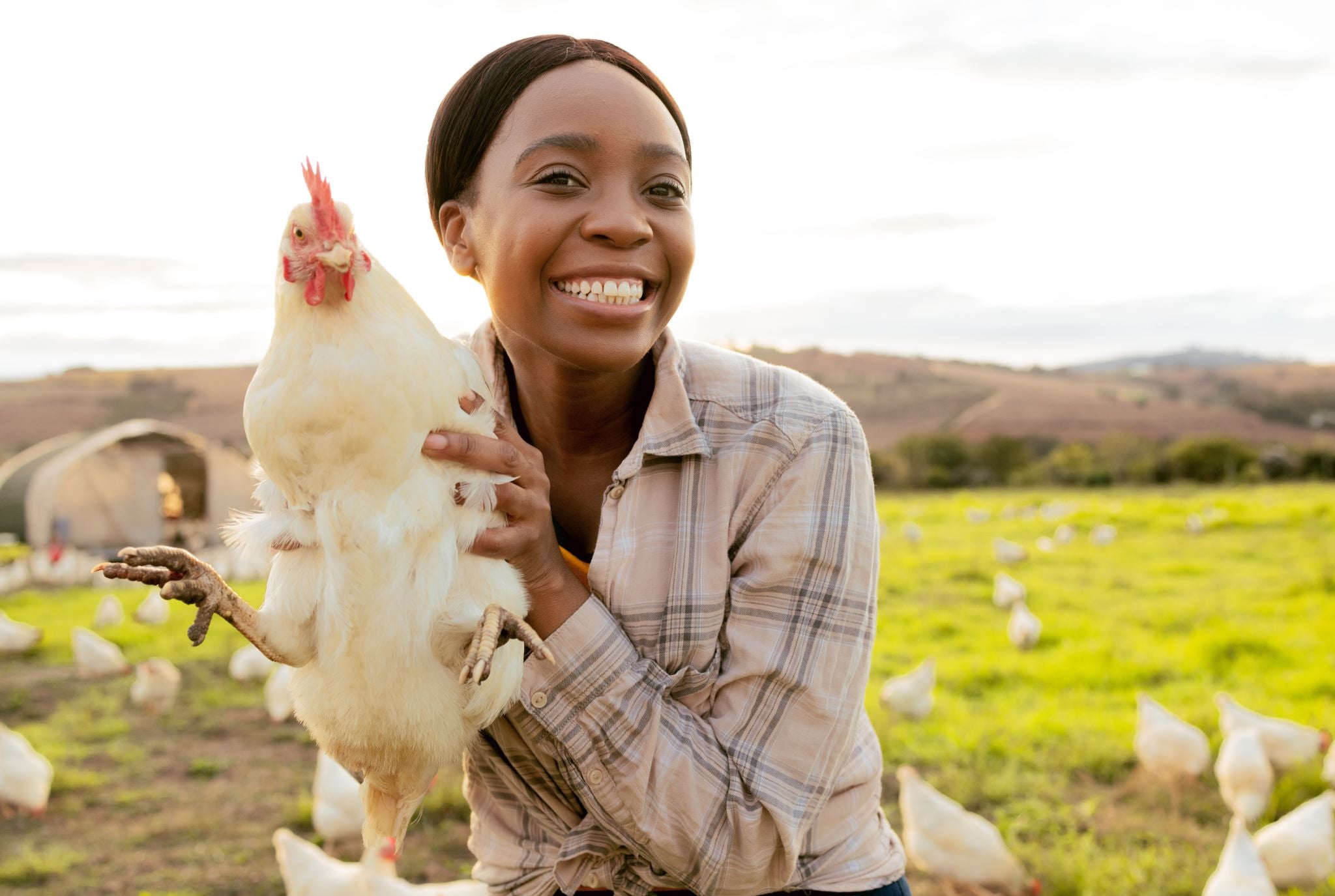 Smiling woman holding a white chicken.