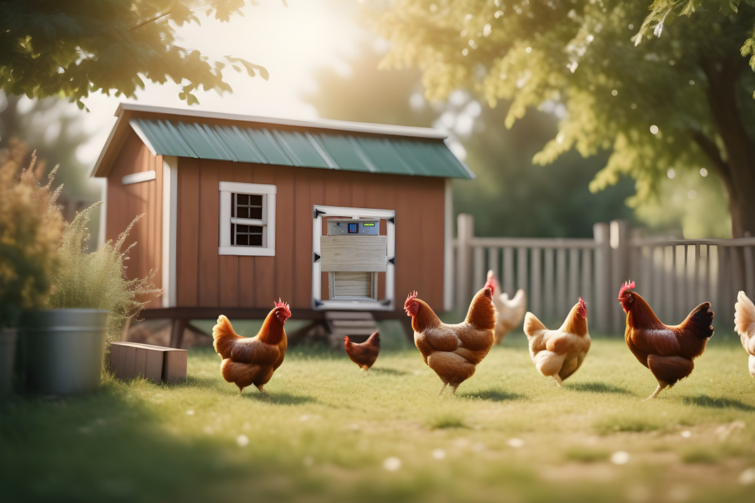 chickens in front of chicken coop with Coop Tender door installed