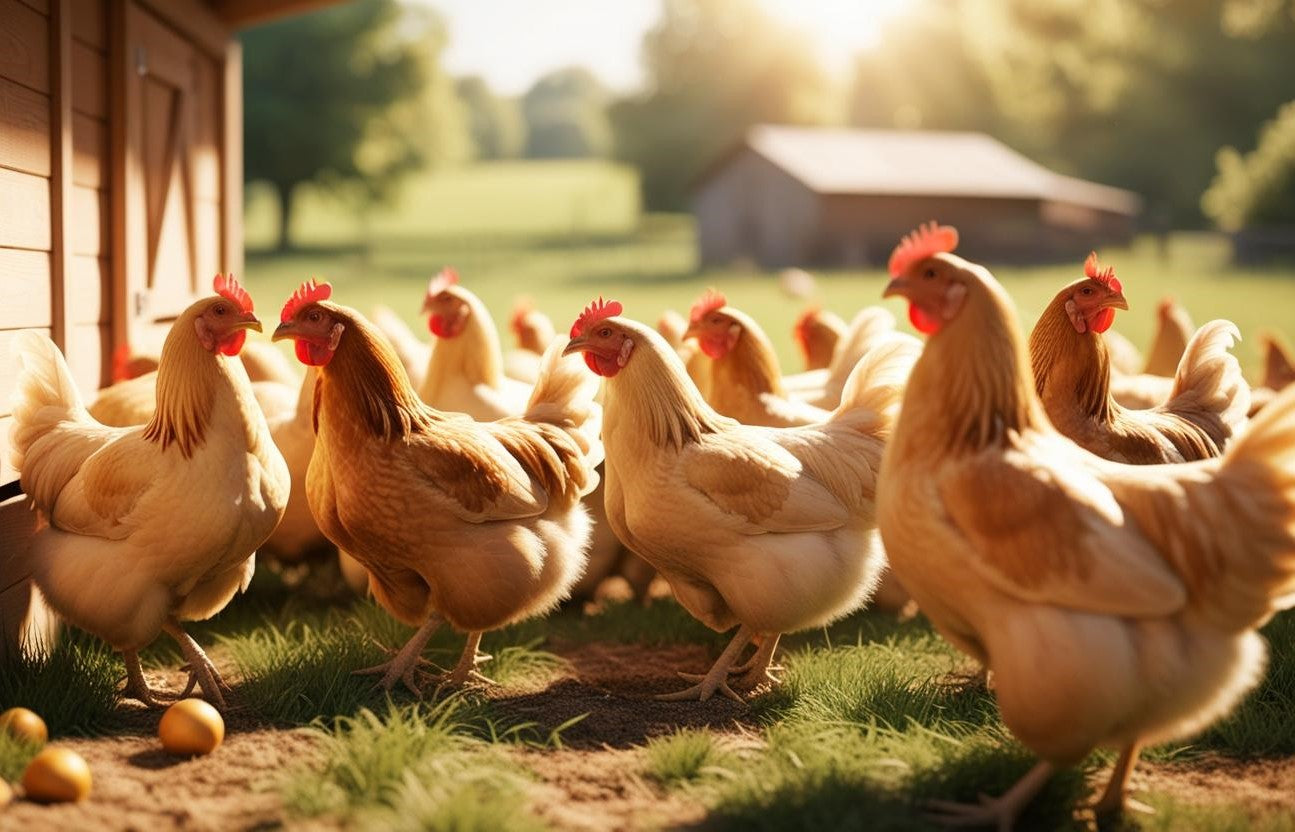 chickens foraging next to coop with eggs on the ground