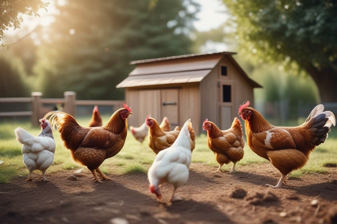 chickens foraging in front of chicken house