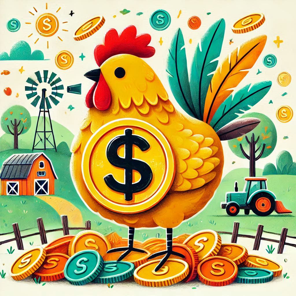 illustration of a chicken standing on coins