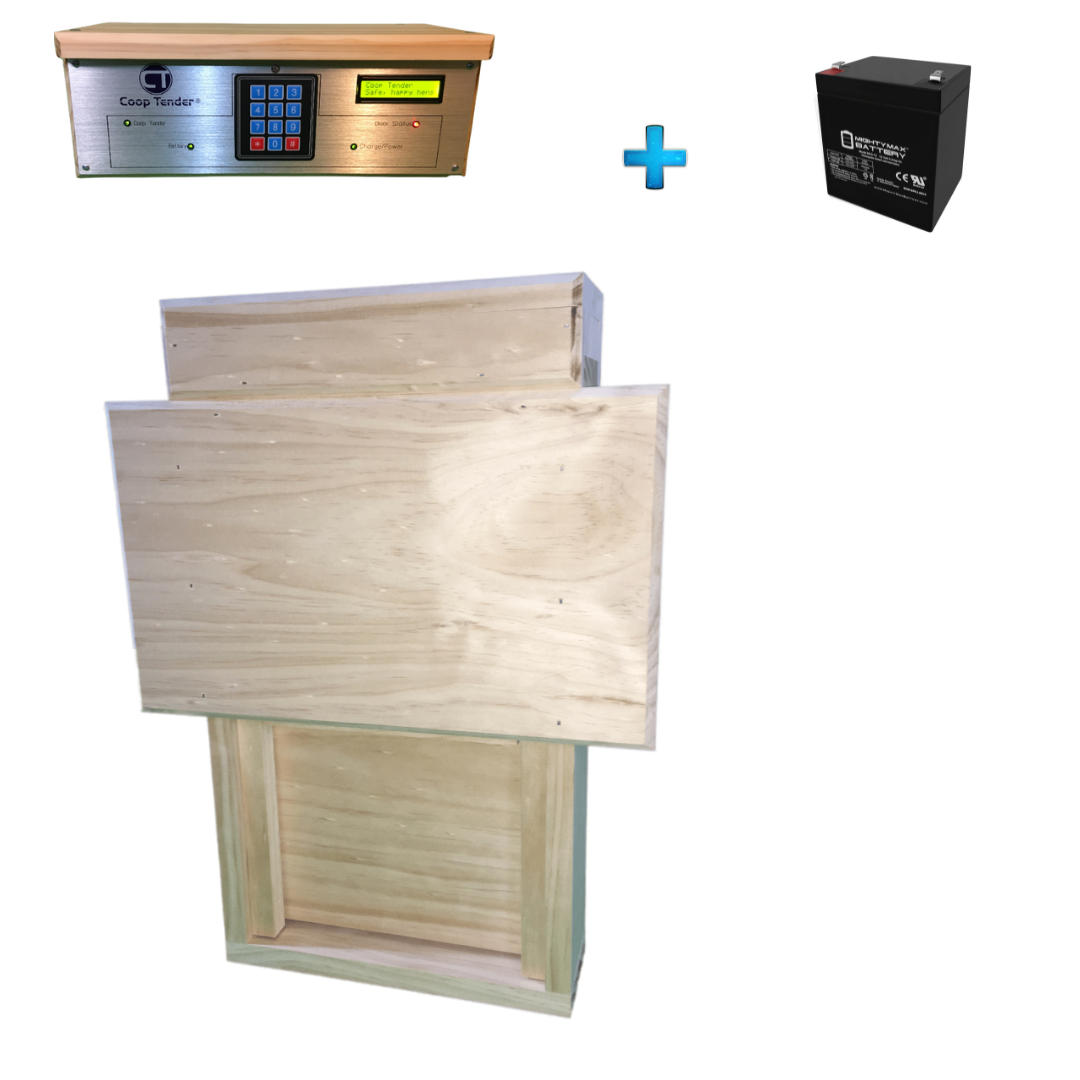 Automatic chicken coop door with integrated backup battery for power outage protection