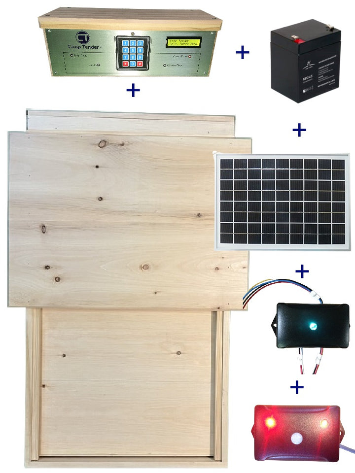 Puerta automática certificada para gallinero Humane con apertura de 21 ancho x 18 alto + Internet Wi-Fi + detección de movimiento + paquete solar