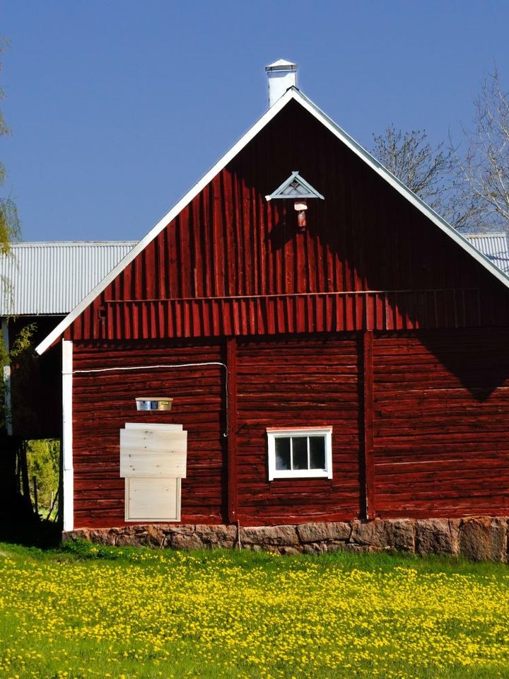 certified humane automatic chicken coop door installed on red barn