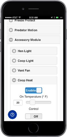 Automatic Chicken Coop Door Internet Wi-Fi Module Web App - Coop Heat Settings